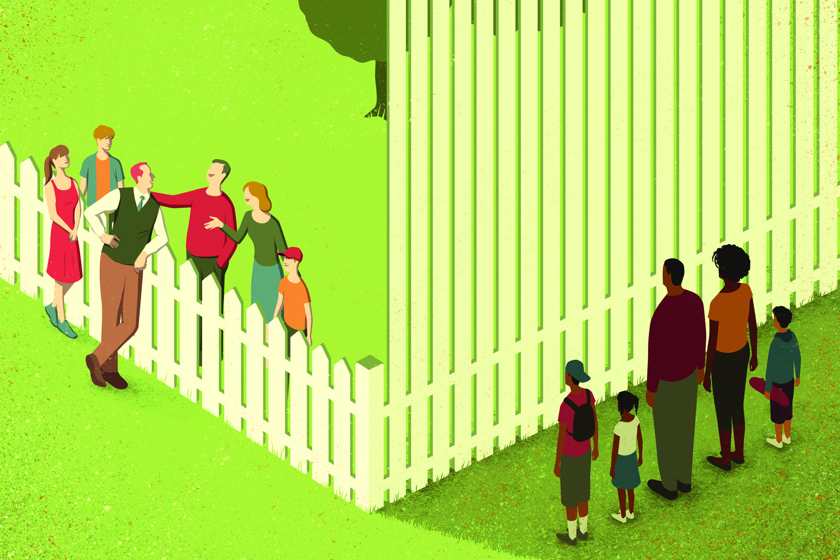 illustration of two groups of people, one white, the other of color, standing on opposite sides of picket fences