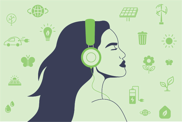 Green image of woman listening with headphones