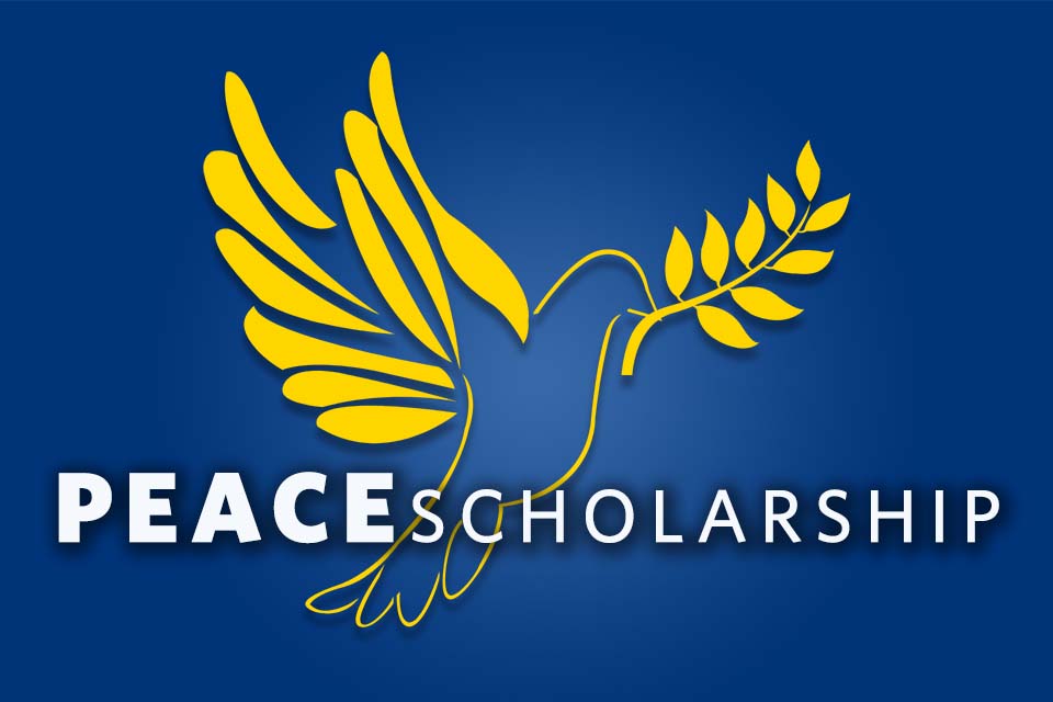 Yellow line drawing of a dove on a blue background with words "Peace Scholarship" 