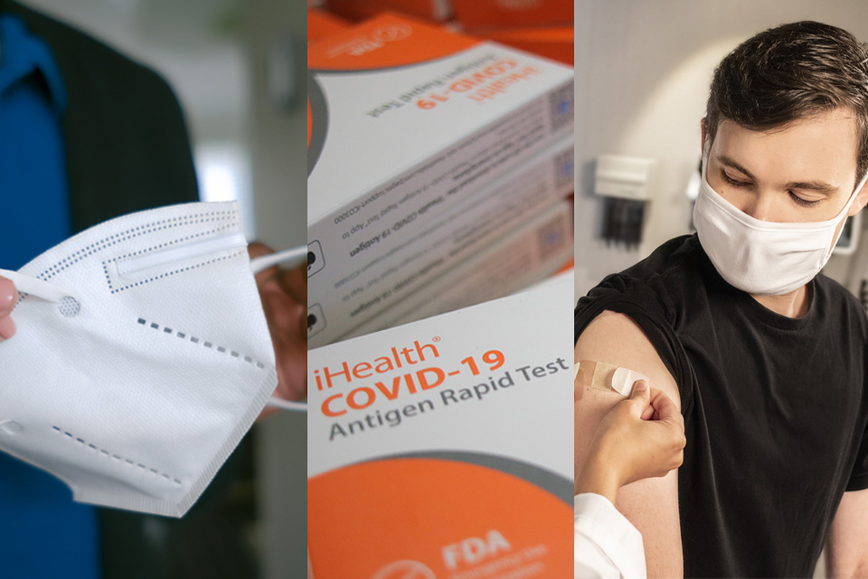 collage image of a KN95 mask, boxes of rapid tests, and a man getting a bandage on his arm