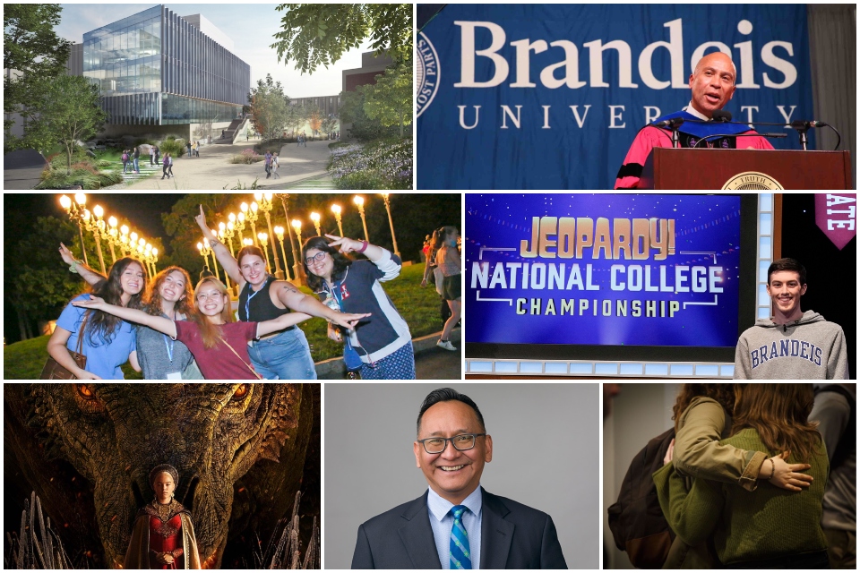 Collage of the photos: building rendering; deval patrick; students at move-in; joey kornman; house of dragons, Lee Bitsoi; students at memorial