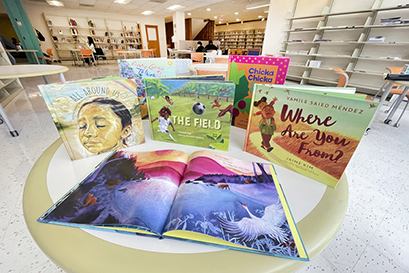 a group of diverse childrens' books arranged on a table at the Brandeis library