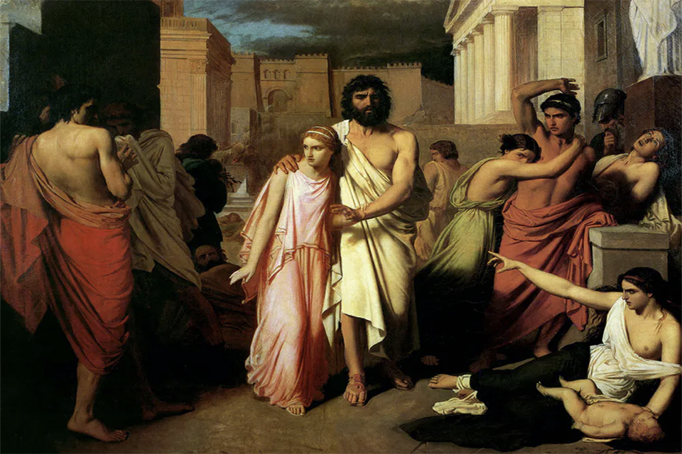 Antigone leads Oedipus out of Thebes' painting