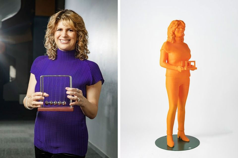 Deborah Berebichez ’96 is seen with a 3D printed version of herself to the right