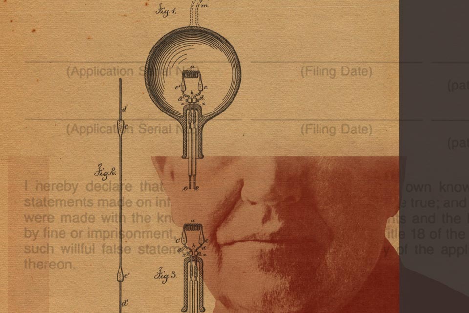 Illustration with patent paperwork, a lightbulb and a face