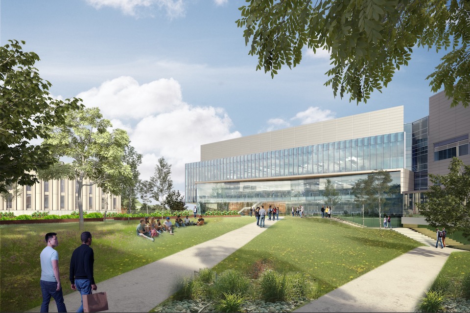 Exterior rendering of new science complex and outdoor space