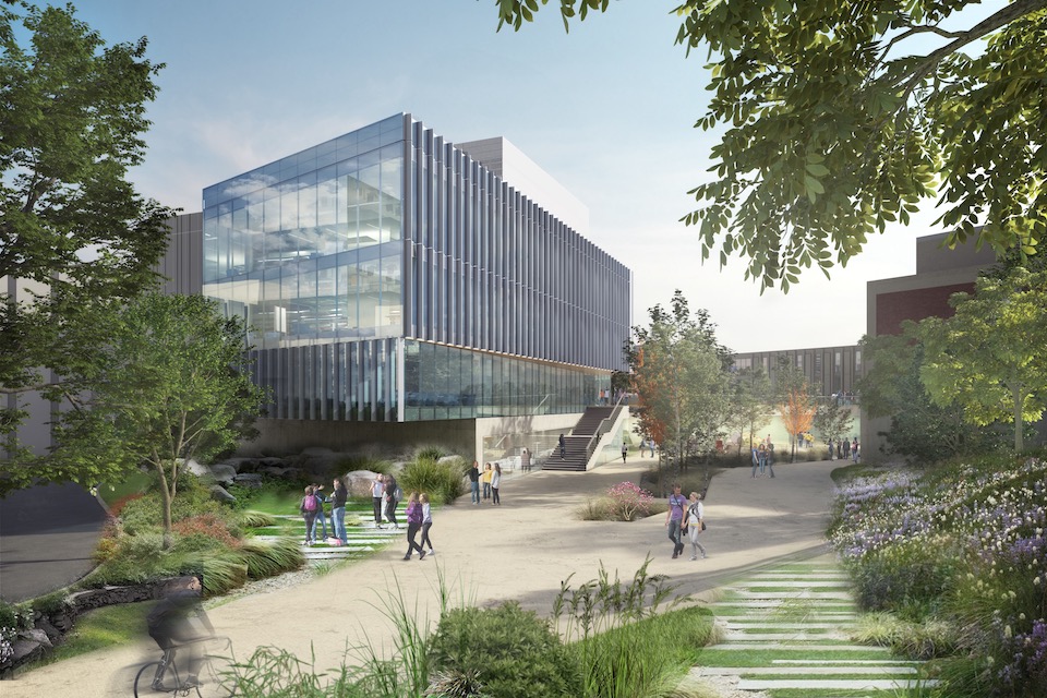 Exterior rendering of new science complex and outdoor space