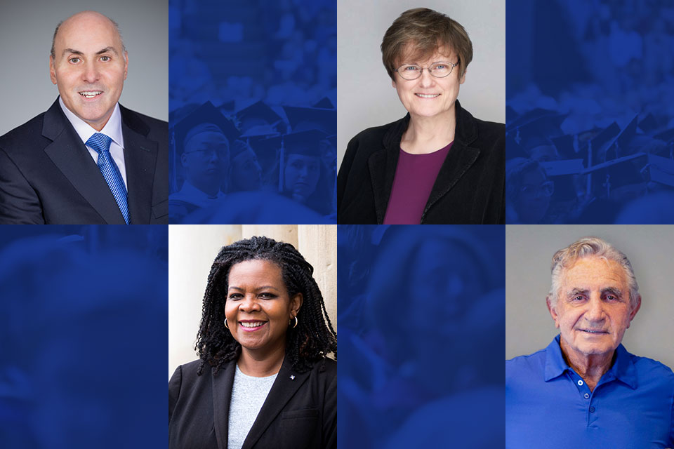 Four headshots arranged in a checkerboard pattern with blue/black squuares in between: Drew Weissman, top left, Annette Gordon-Reed, bottom left, Katalin Kariko, top right, Don Soffer, bottom right