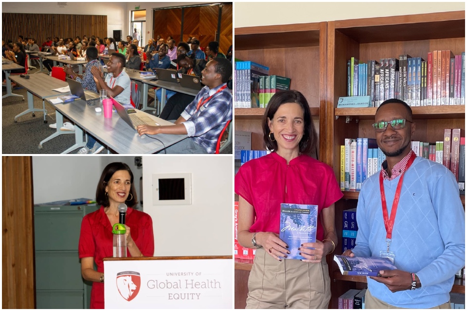 Ramie Targoff in the classroom in Rwanda, at a podeum, and with a colleague