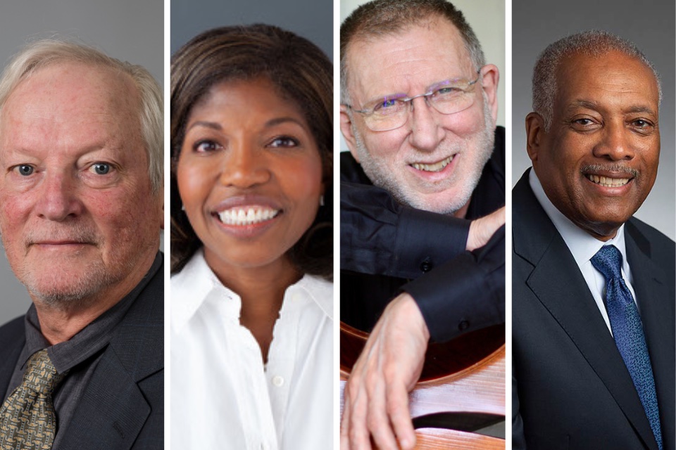 The awardees of the 2023 Brandeis Alumni Association Award are, from left: Frederick Alt ’71, Cheryl Pegus ’84, Chuck Israels ’59, and Curtis Tearte ’73.