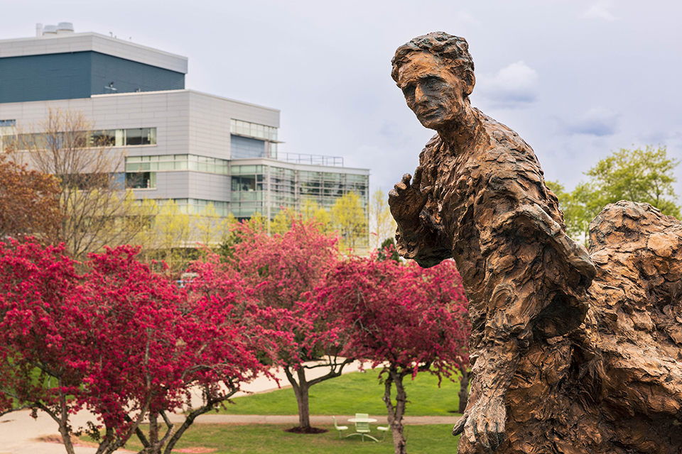 Louis Brandeis statue in the spring