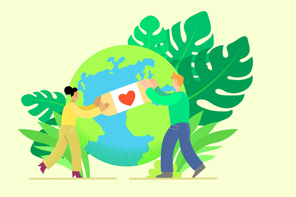 Illustration. People applying a band aid to earth.