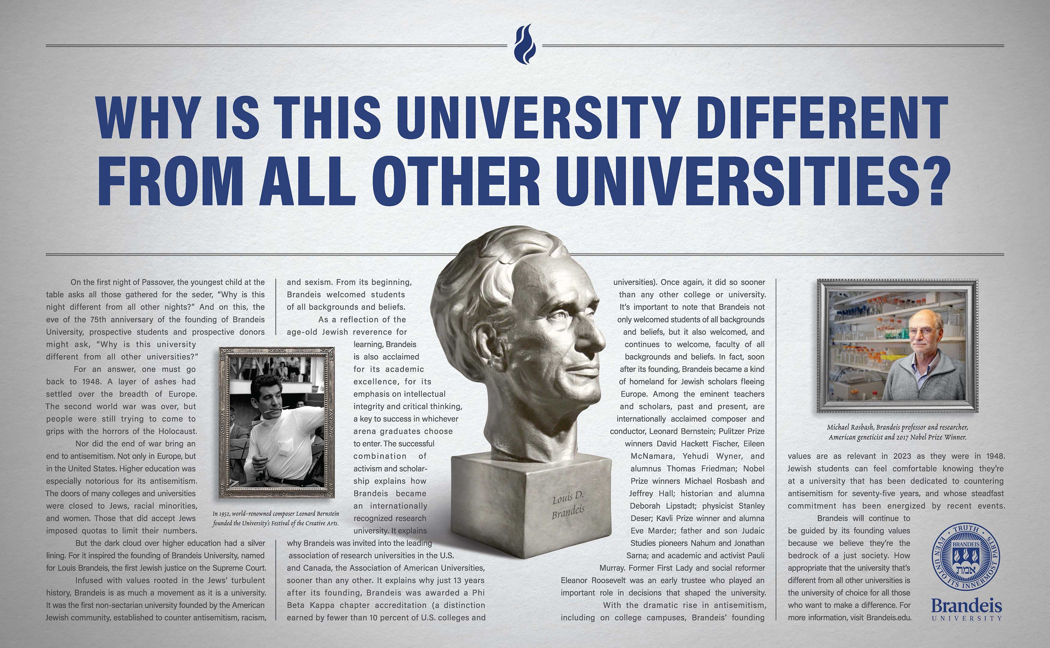 Ad Headline: Why is this university different from all other universities? Ad Text: On the first night of Passover, the youngest child at the table asks all those gathered for the seder, “Why is this night different from all other nights?” And on this, the eve of the 75th anniversary of the founding of Brandeis University, prospective students and prospective donors might ask, “Why is this university different from all other universities?” For an answer, one must go back to 1948. A layer of ashes had settled over the breadth of Europe. The second world war was over, but people were still trying to come to grips with the horrors of the Holocaust. Nor did the end of war bring an end to antisemitism. Not only in Europe, but in the United States. Higher education was especially notorious for its antisemitism. The doors of many colleges and universities were closed to Jews, racial minorities, and women. Those that did accept Jews imposed quotas to limit their numbers. But the dark cloud over higher education had a silver lining. For it inspired the founding of Brandeis University, named for Louis Brandeis, the first Jewish justice on the Supreme Court. Infused with values rooted in the Jews' turbulent history, Brandeis is as much a movement as it is a university. It was the first non-sectarian university founded by the American Jewish community, established to counter antisemitism, racism, and sexism. From its beginning, Brandeis welcomed students of all backgrounds and beliefs. (Photo of Leonard Bernstein with the caption, “In 1952, world-renowned composer Leonard Bernstein founded the University's Festival of the Creative Arts.”) As a reflection of the age-old Jewish reverence for learning, Brandeis is also acclaimed for its academic excellence, for its emphasis on intellectual integrity and critical thinking, a key to success in whichever arena graduates choose to enter. The successful combination of activism and scholar­ship explains how Brandeis became an internationally recognized research university. It explain why Brandeis was invited into the leading  association of research universities in the U.S. and Canada, the Association of American Universities, sooner than any other. It explains why just 13 years after its founding, Brandeis was awarded a Phi Beta Kappa chapter accreditation (a distinction earned by fewer than 10 percent of U.S. colleges and universities). (Photo: Bust of Louis Brandeis) Once again, it did so sooner than any other college or university. It's important to note that Brandeis not only welcomed students of all backgrounds and beliefs, but it also welcomed, and continues to welcome, faculty of all backgrounds and beliefs. In fact, soon after its founding, Brandeis became a kind of homeland for Jewish scholars fleeing Europe. Among the eminent teachers and scholars, past and present, are internationally acclaimed composer and conductor, Leonard Bernstein; Pulitzer Prize winners David Hackett Fischer, Eileen McNamara, Yehudi Wyner, and alumnus Thomas Friedman; Nobel Prize winners Michael Rosbash and Jeffrey Hall; historian and alumna Deborah Lipstadt; physicist Stanley Deser; Kavli Prize winner and alumna Eve Marder; father and son Judaic Studies pioneers Nahum and Jonathan Sarna; and academic and activist Pauli Murray. Former First Lady and social reformer Eleanor Roosevelt was an early trustee who played an important role in decisions that shaped the university. (Photo of Michael Rosbash with caption, “Michael Rosbash, Brandeis professor and researcher, American geneticist and 2017 Nobel Prize Winner”) With the dramatic rise in antisemitism, including on college campuses, Brandeis' founding values are as relevant in 2023 as they were in 1948. Jewish students can feel comfortable knowing they're at a university that has been dedicated to countering antisemitism for seventy-five years, and whose steadfast commitment has been energized by recent events. Brandeis will continue to be guided by its founding values because we believe they're the bedrock of a just society. How appropriate that the university that's different from all other universities is the university of choice for all those who want to make a difference.
