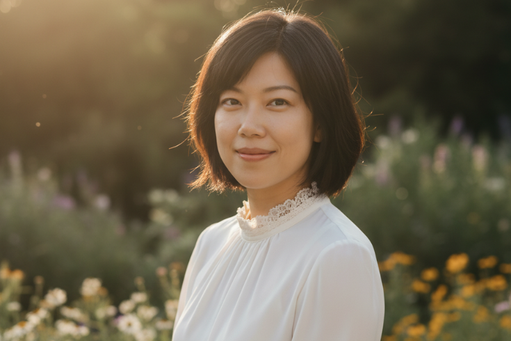 Fang Ding MS'24 standing in a field of flowers