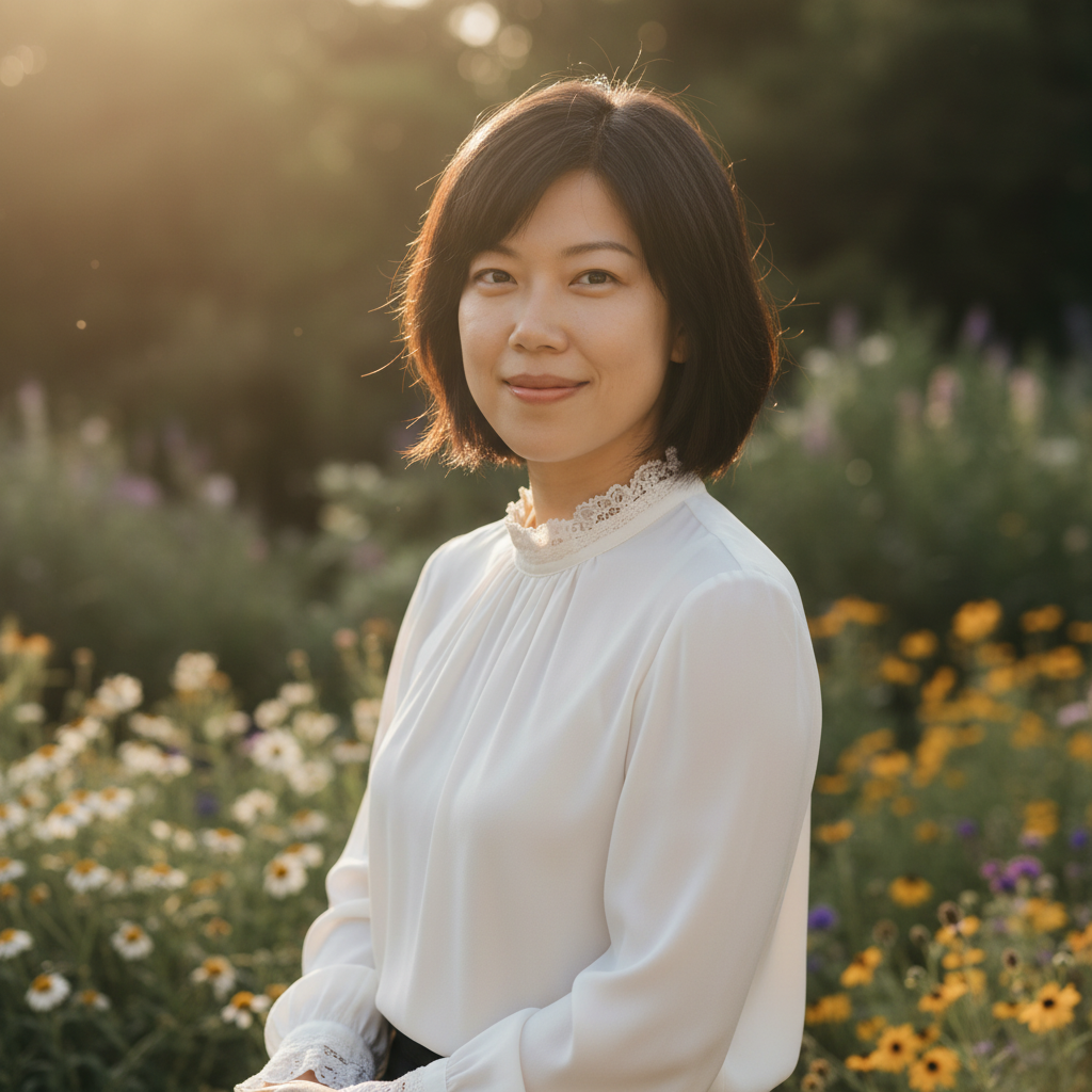 Fang Ding standing in a field of flowers