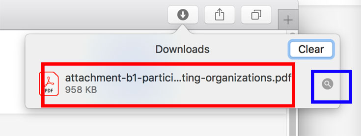 Webpage with a PDF link highlighted in red and a search icon highlighted in blue