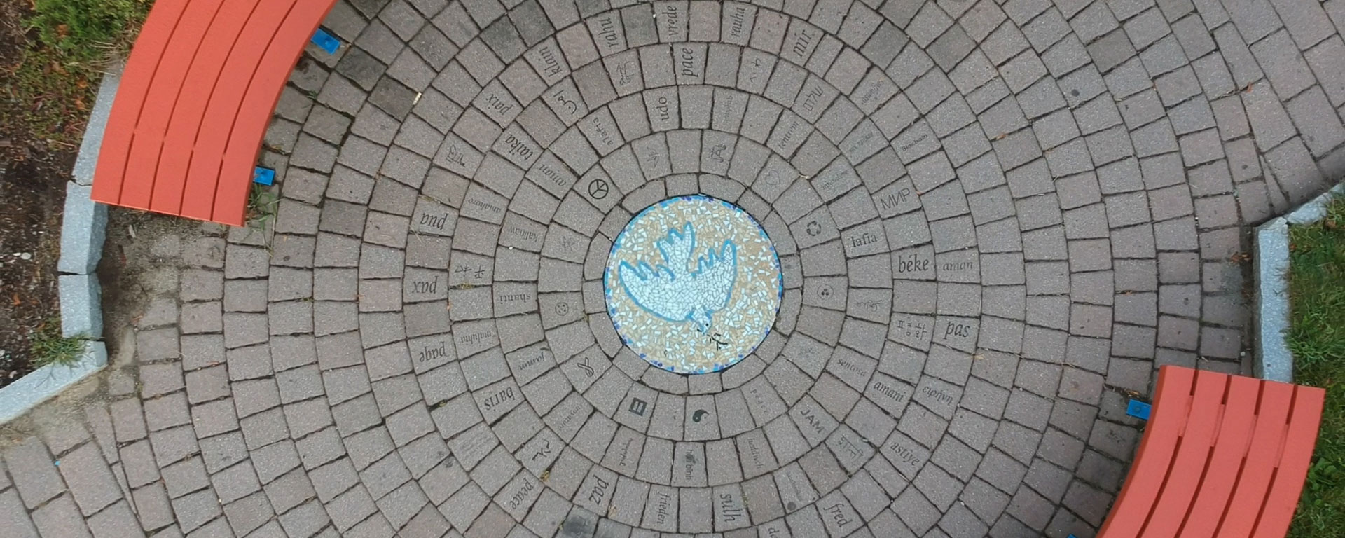 Aerial view of the dove in the center of the Peace Monument at Brandeis