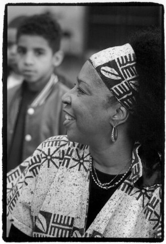 black and white photo of Jane Sapp wearing African garb