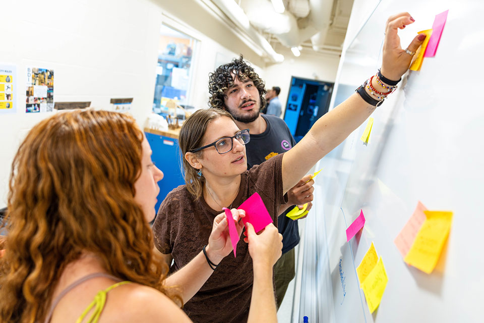 Students working together at a whiteboard, using colorful sticky notes.