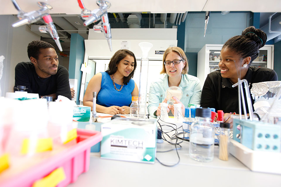 A professor works with three students in a scientific research lab