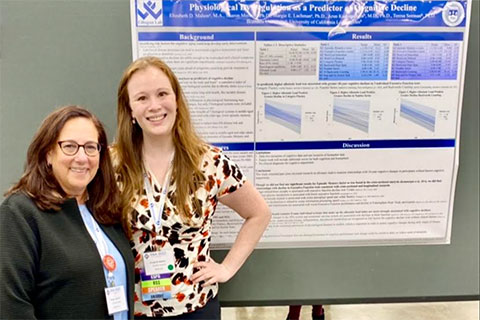 Two people standing in front of a research poster.