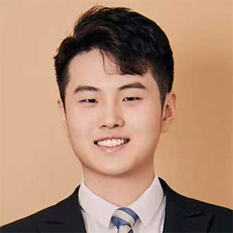 Asian male with dark hair wearing a blue and white striped tie against an orange background