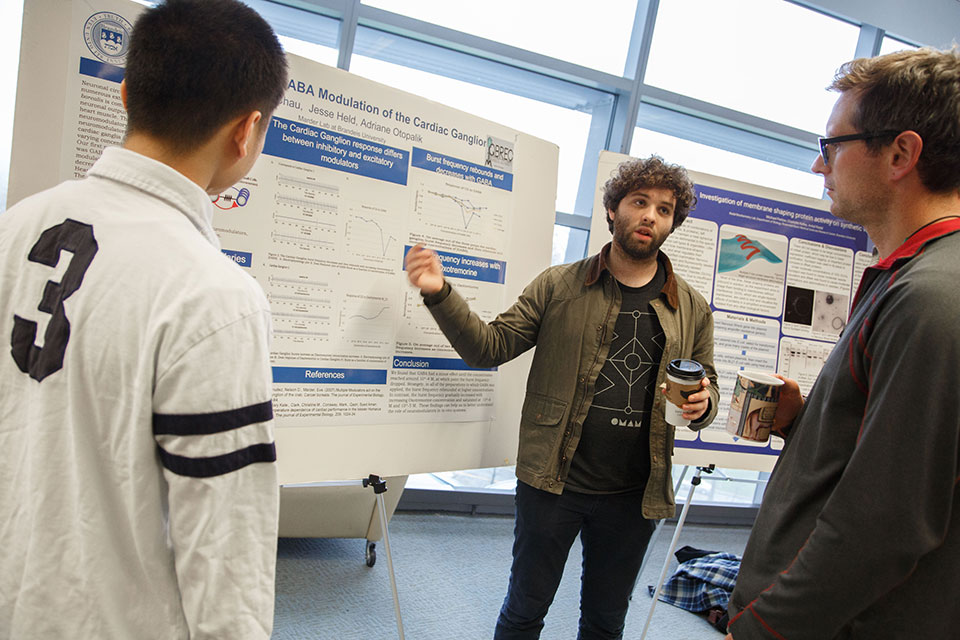 students discussing scientific poster