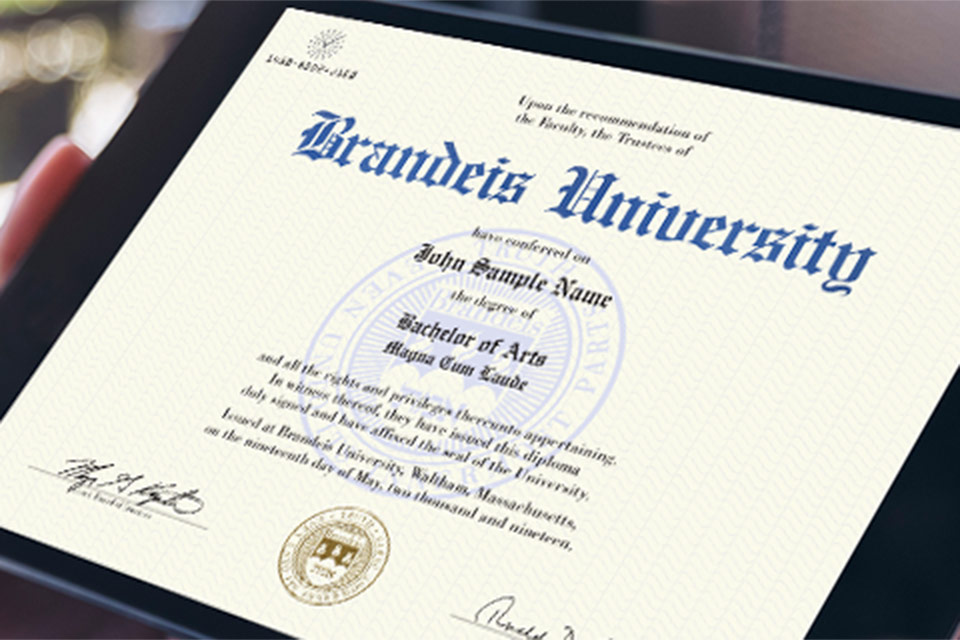 Electronic Brandeis diploma displayed on a tablet