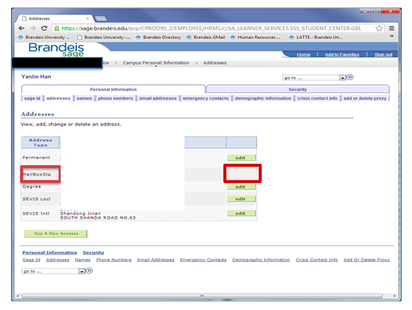 Screenshot highlighting the "Edit" and "Mail Stop Box" links.