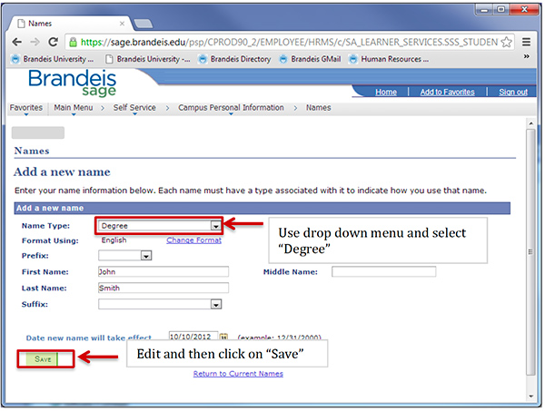 Screenshot highlighting the "Degree" option in the "Name Type" dropdown menu as well as the "Save" button.
