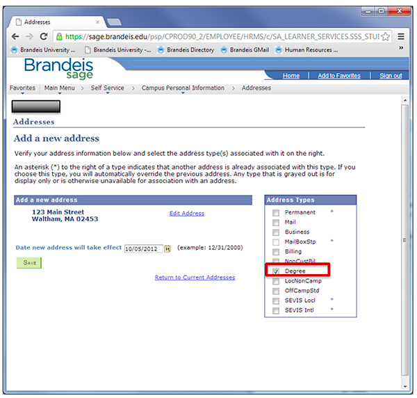 Screenshot highlighting "Degree" checkbox in the "Address Types" dropdown menu.