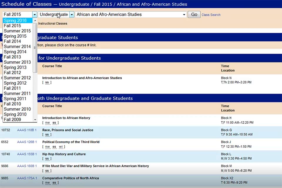 screenshot from public schedule of classes with search options
