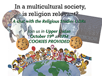 Chat with UDRs Poster with illustration of children of all races wearing clothing of all nations, standing on the earth. Above are heads with religious symbols, and pictures of cookies.