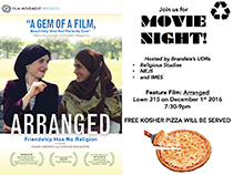Arranged Film Night Poster, with a picture two women with head scarves: one Orthodox jewish, the other Muslim. They smile at each other.
