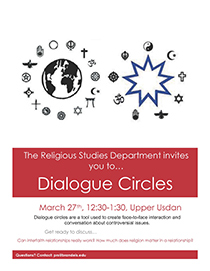 Interfaith Relationships Poster with an illustration of the earth on the left and a star on the right, both of which are surrounded by religious symbols.