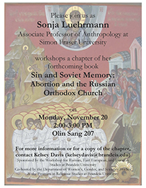 Sonja Luehrman Lecture Poster. Background image is a religious painting of the middle ages, with many men in white robes and haloes in the front, a soldier and villagers in the back.