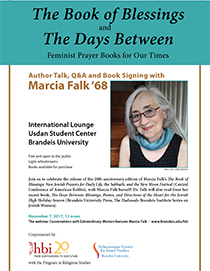 Marcia Falk Lecture Poster with event info and picture of Marcia Falk '68.