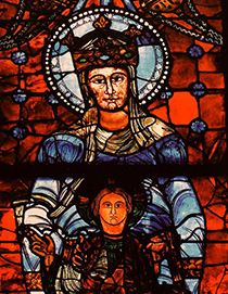Section of a stained glass window with two figures, one wearing a crown.