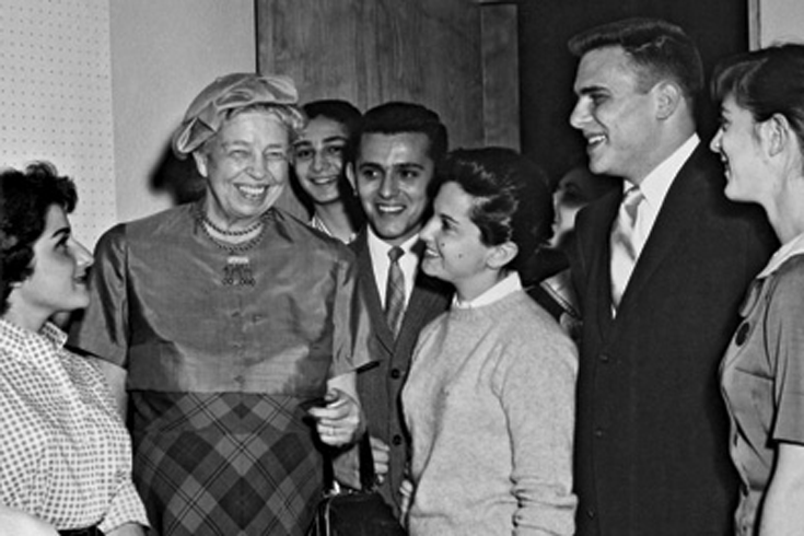 Founding Brandeis trustee Eleanor Roosevelt on campus in 1958