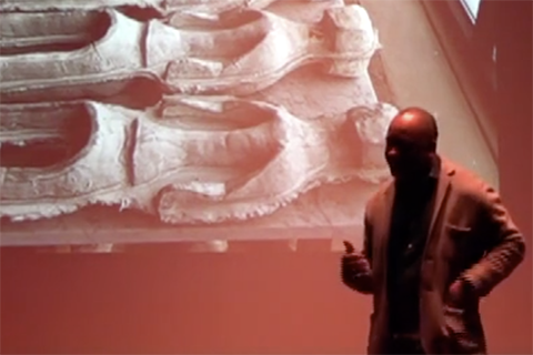 Theaster Gates delivering his lecture entitled "A Cursory Sermon on Art and the City"