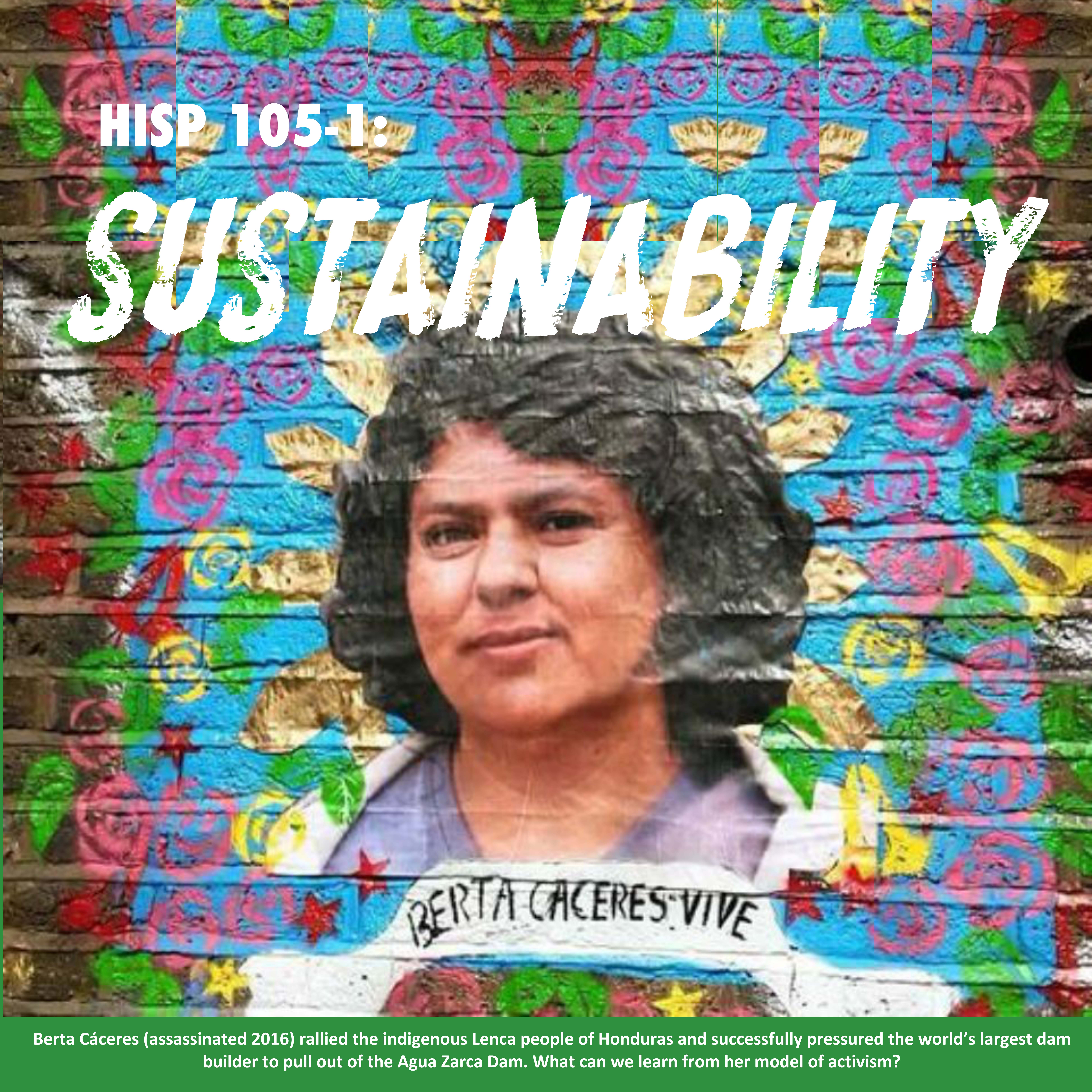 HISP 105-1: Sustainability. Portrait of Berta Cáceres, painted on a brick wall with Berta Caceres vive written below.  The caption reads (assassinated 2016) rallied the indigenous Lenca people of Honduras and successfully pressured the world’s largest dam builder to pull out of the Agua Zarca Dam. What can we learn from her model of activism?  Oral Communication through Cultural Topics