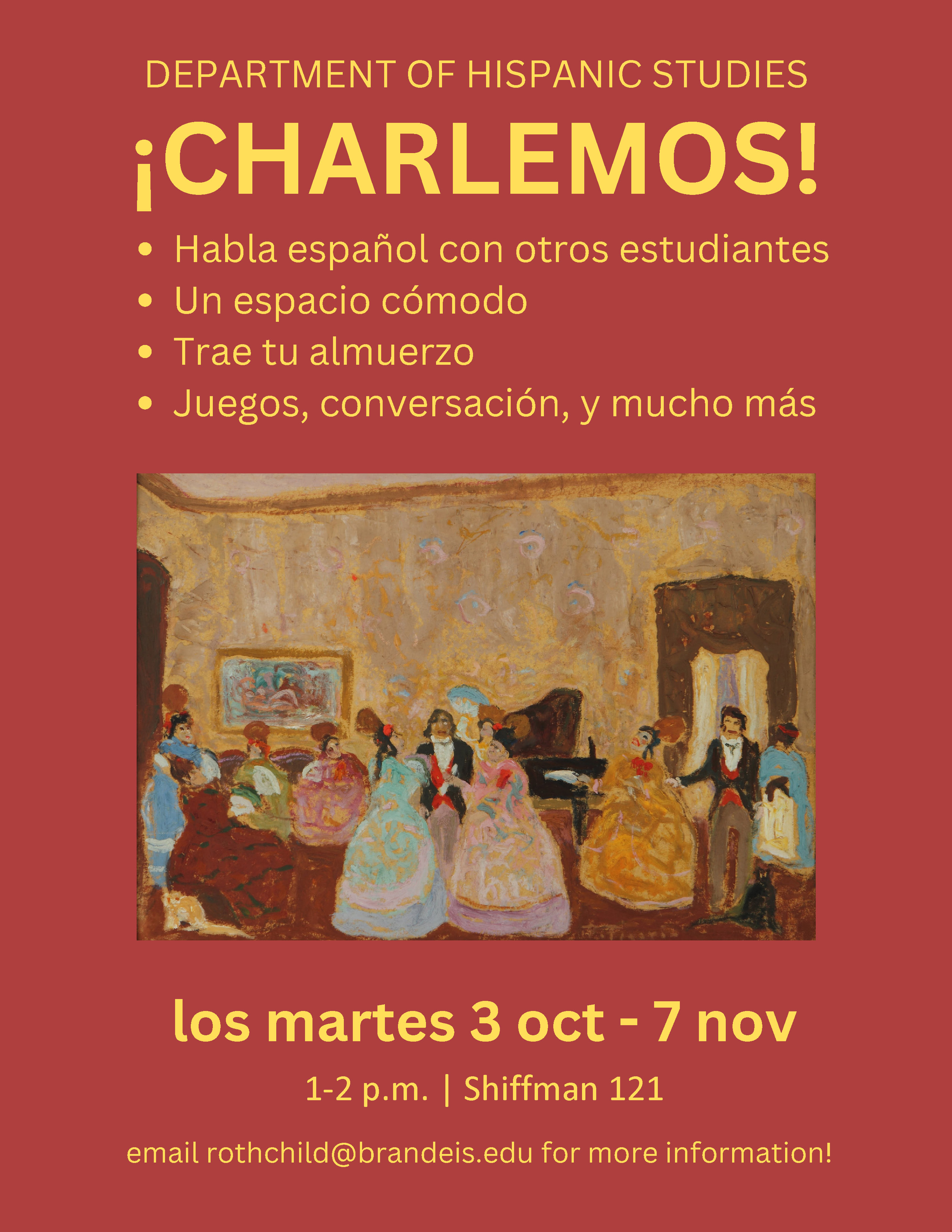 poster for ¡CHARLEMOS! with painting of people gathering. text reads same as on this page.