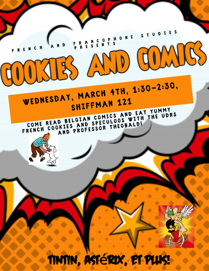 poster for cookies and comics event. All info is listed in text next to poster.