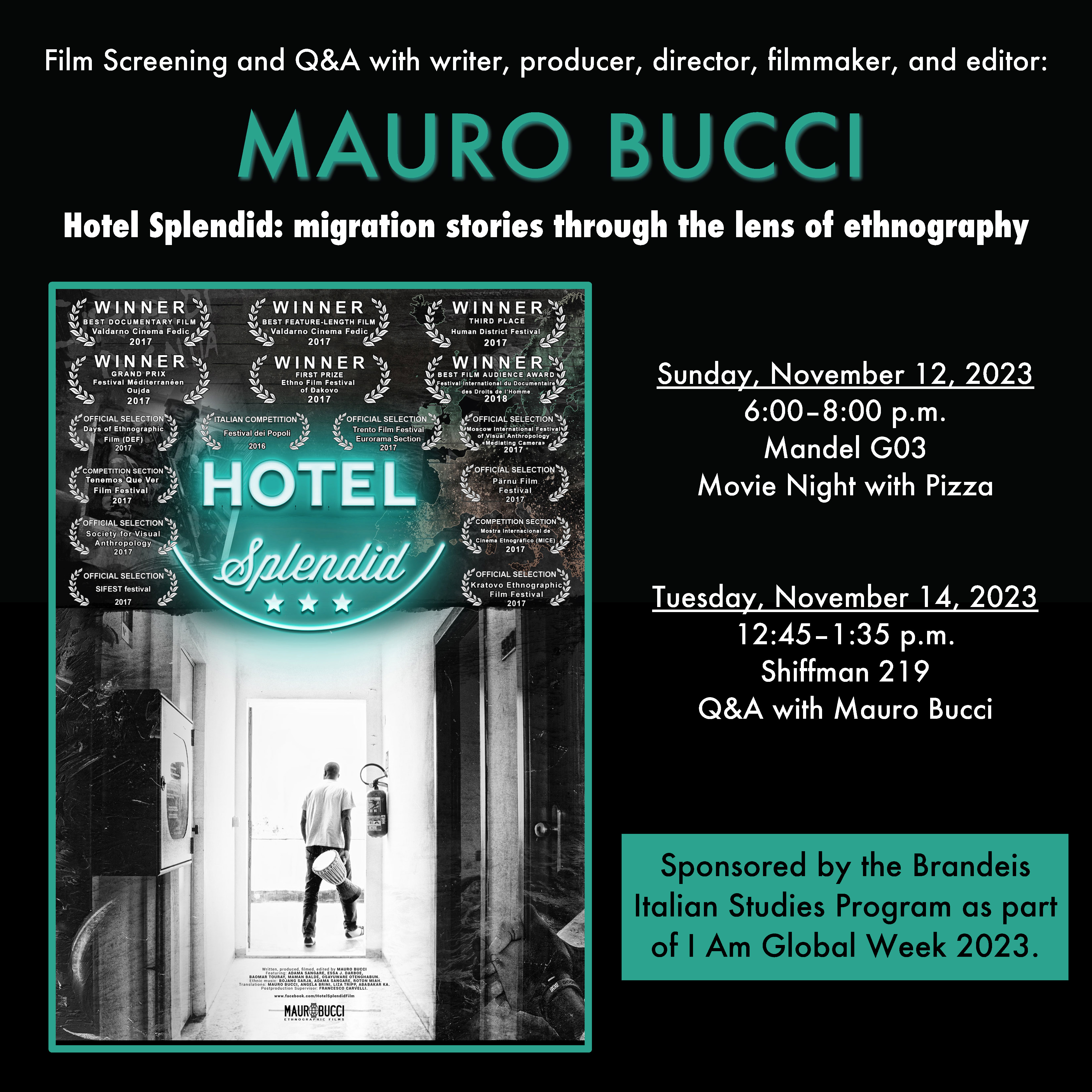 flyer for Mauro Bucci event and film screening. image of Hotel Splendid movie poster. text is included in the body of this page.