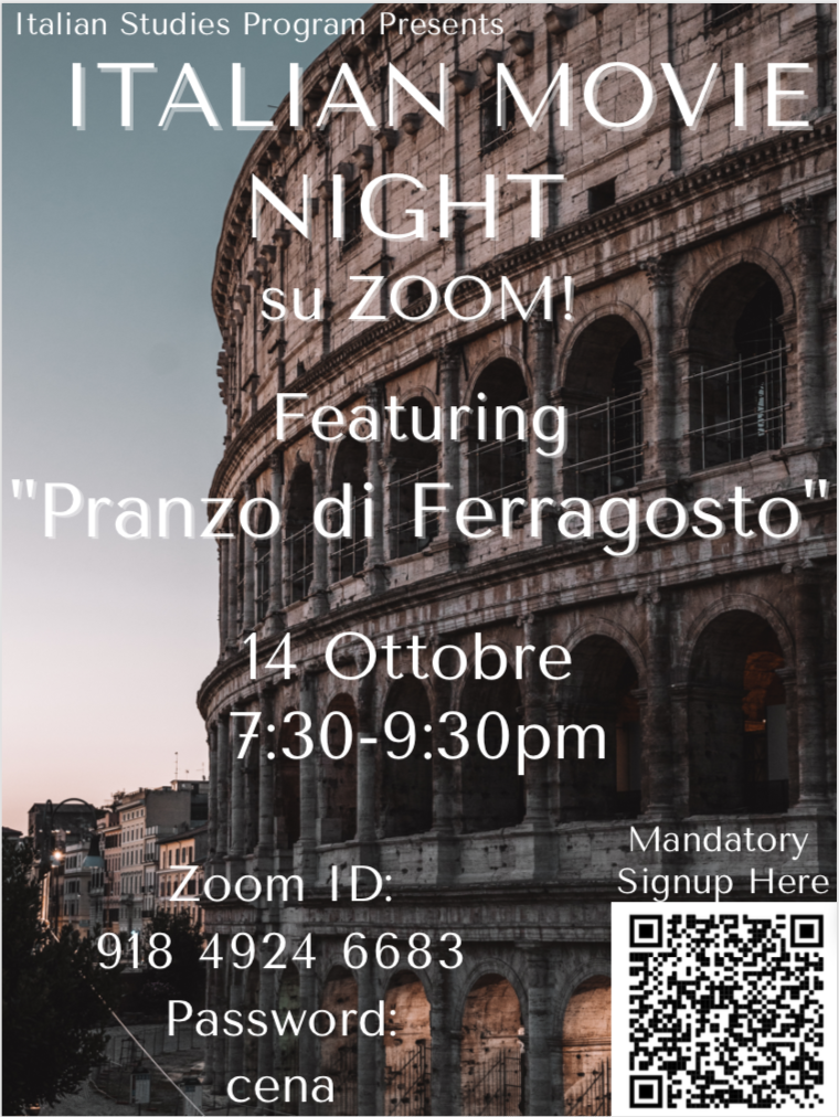 poster for Italian Movie Night. all text is repeated at left. image in background is photo of Italy’s colosseum