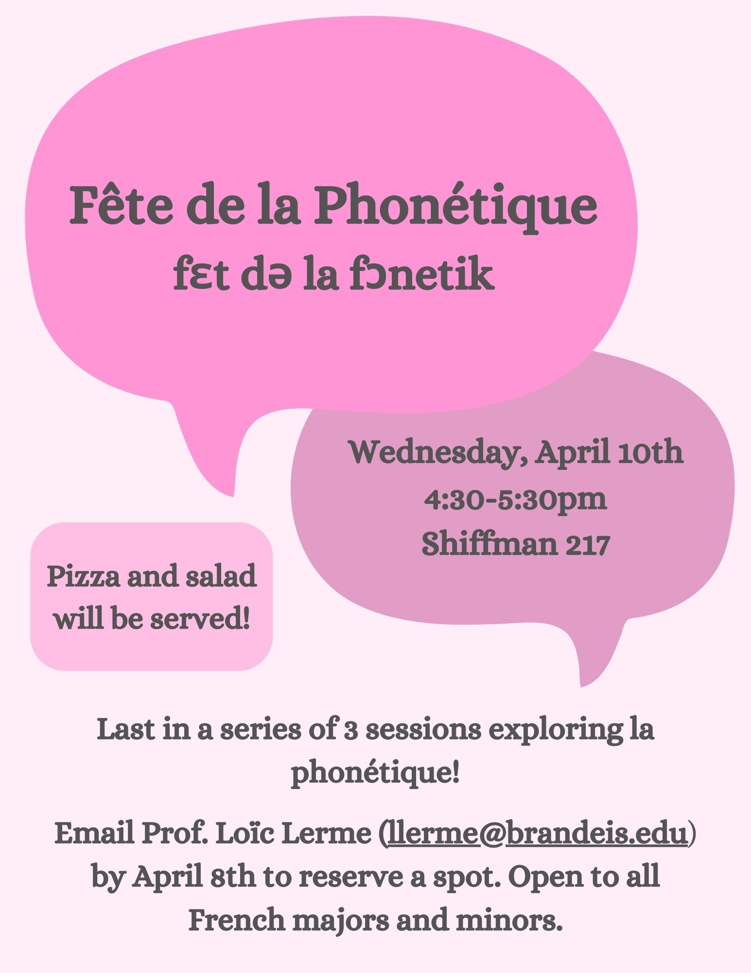 poster for phonetics event #3. pink chat bubbles. text reads same as on this page at left.