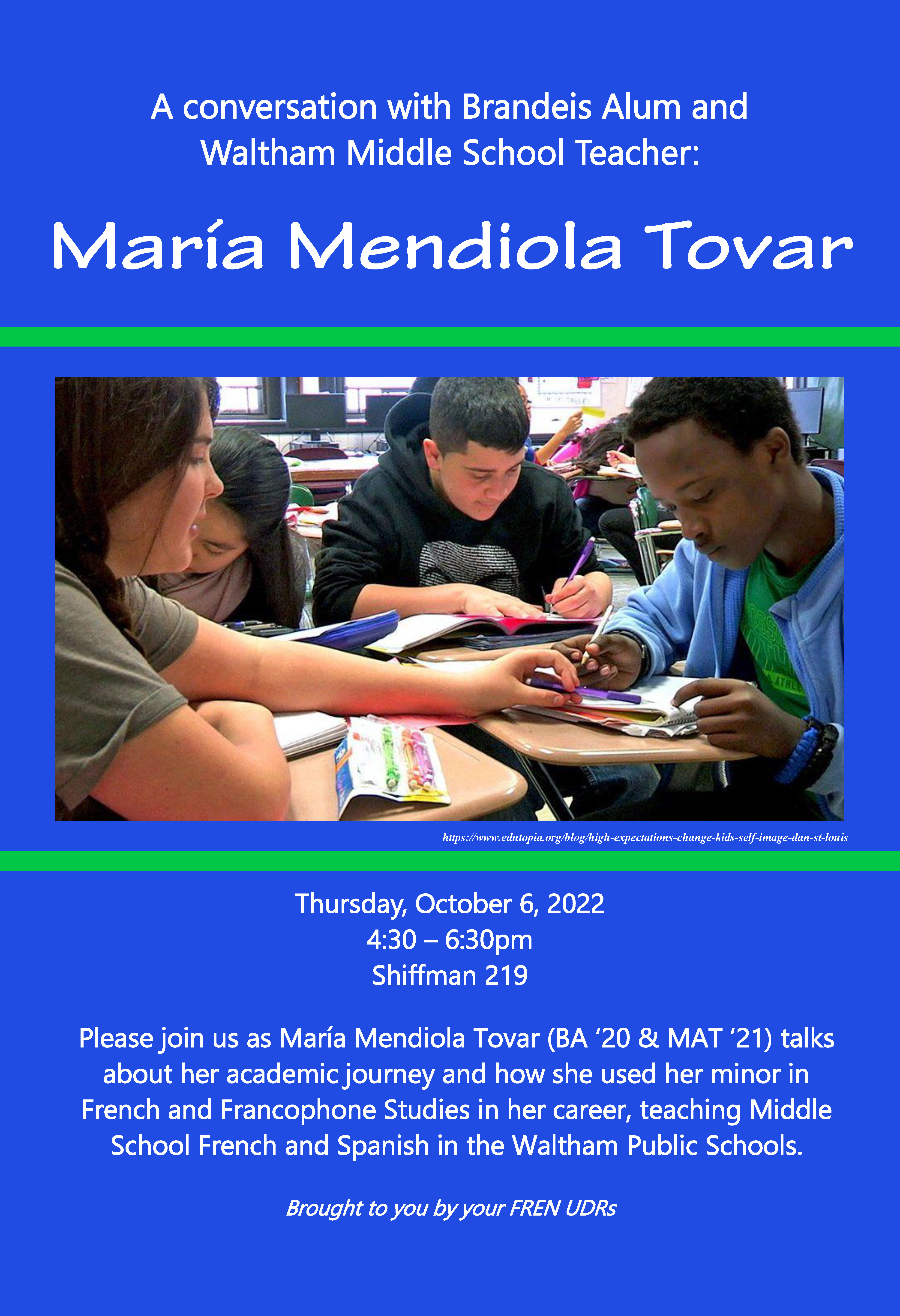 poster for conversation with Maria Mendiola Tovar. photo of students in class. text reads same as on this page.