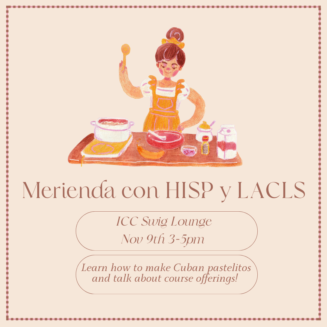 flyer for merienda event with cartoon of person cooking. text is same as on this page, at left.