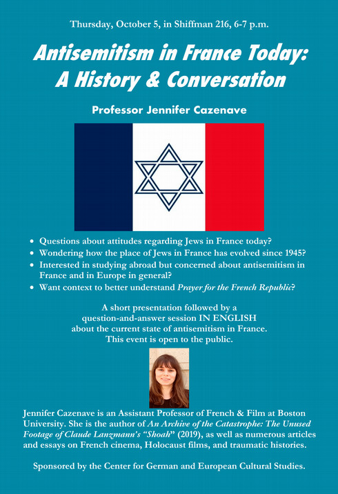 poster for event with same text as on website with picture of speaker and French Flag with Star of David