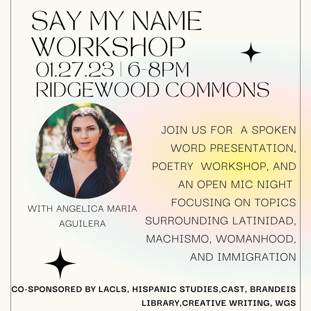 flyer for Latinx Poet Workshop with photo of Angelica Maria Aguilera. text read same as below.
